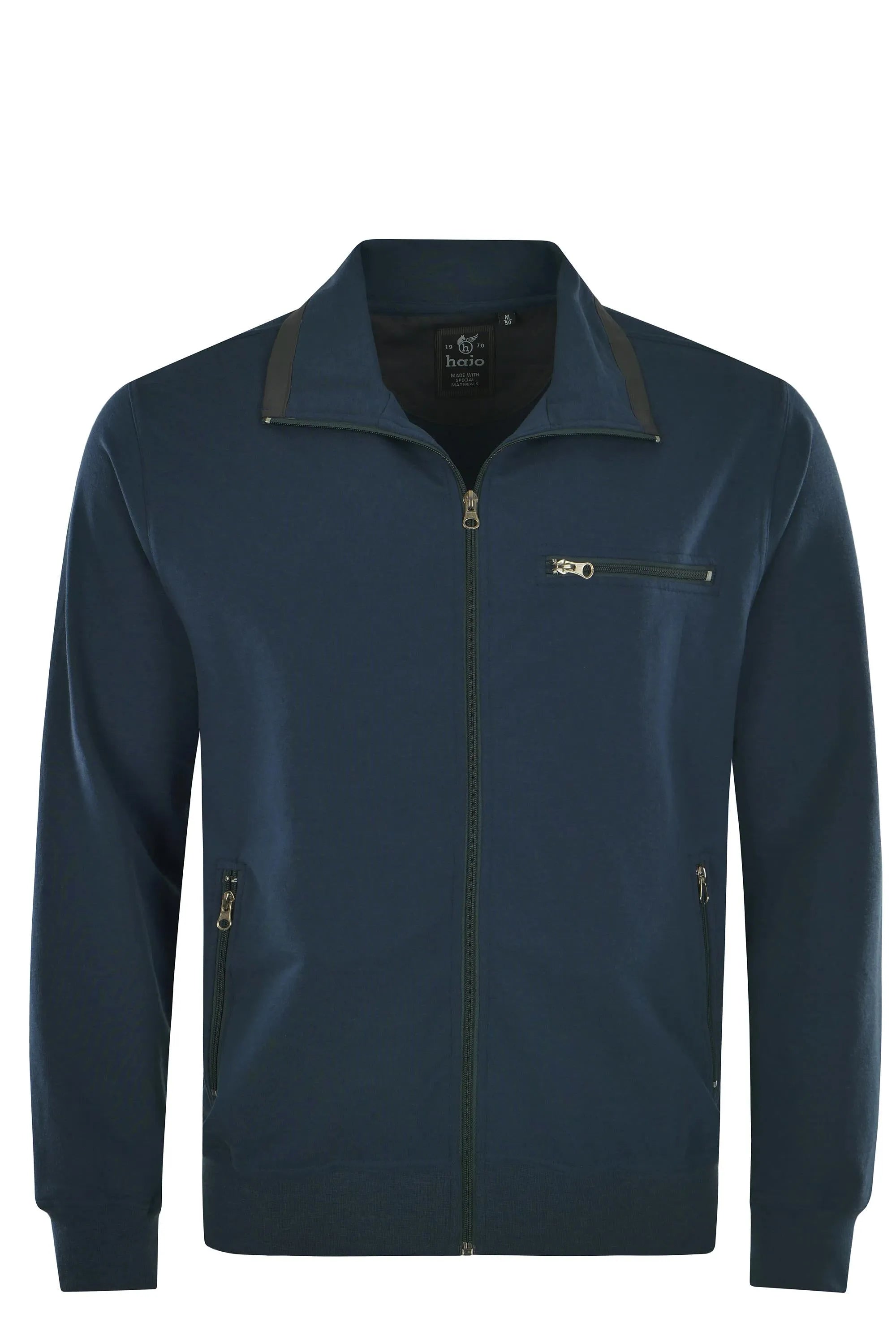 Marineblaue Trainingsjacke mit Reißverschluss, Kragen und Seitentaschen.