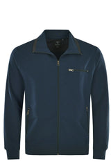 Marineblaue Trainingsjacke mit Reißverschluss, Kragen und Seitentaschen.
