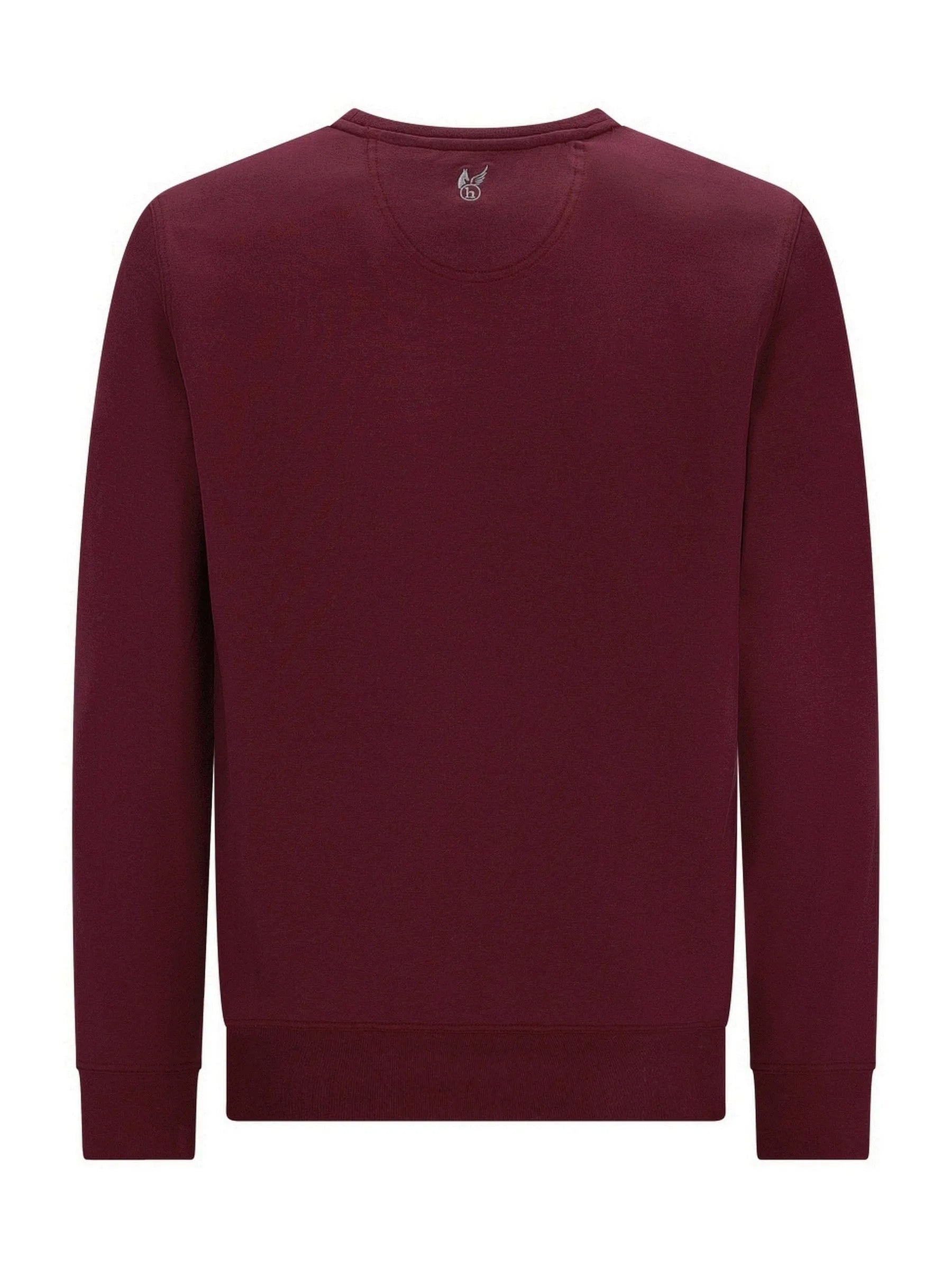 Bordeaux-Rundhals-Pullover mit kleinem Logo auf dem Rücken.