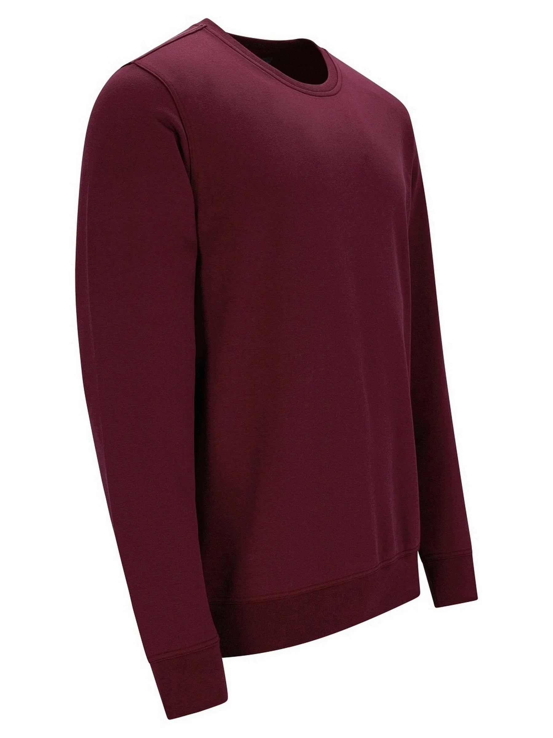 Bordeaux-Rundhals-Pullover mit langen Ärmeln und gerippten Manschetten, wahrscheinlich aus Baumwolle oder einem ähnlichen weichen Material gefertigt.