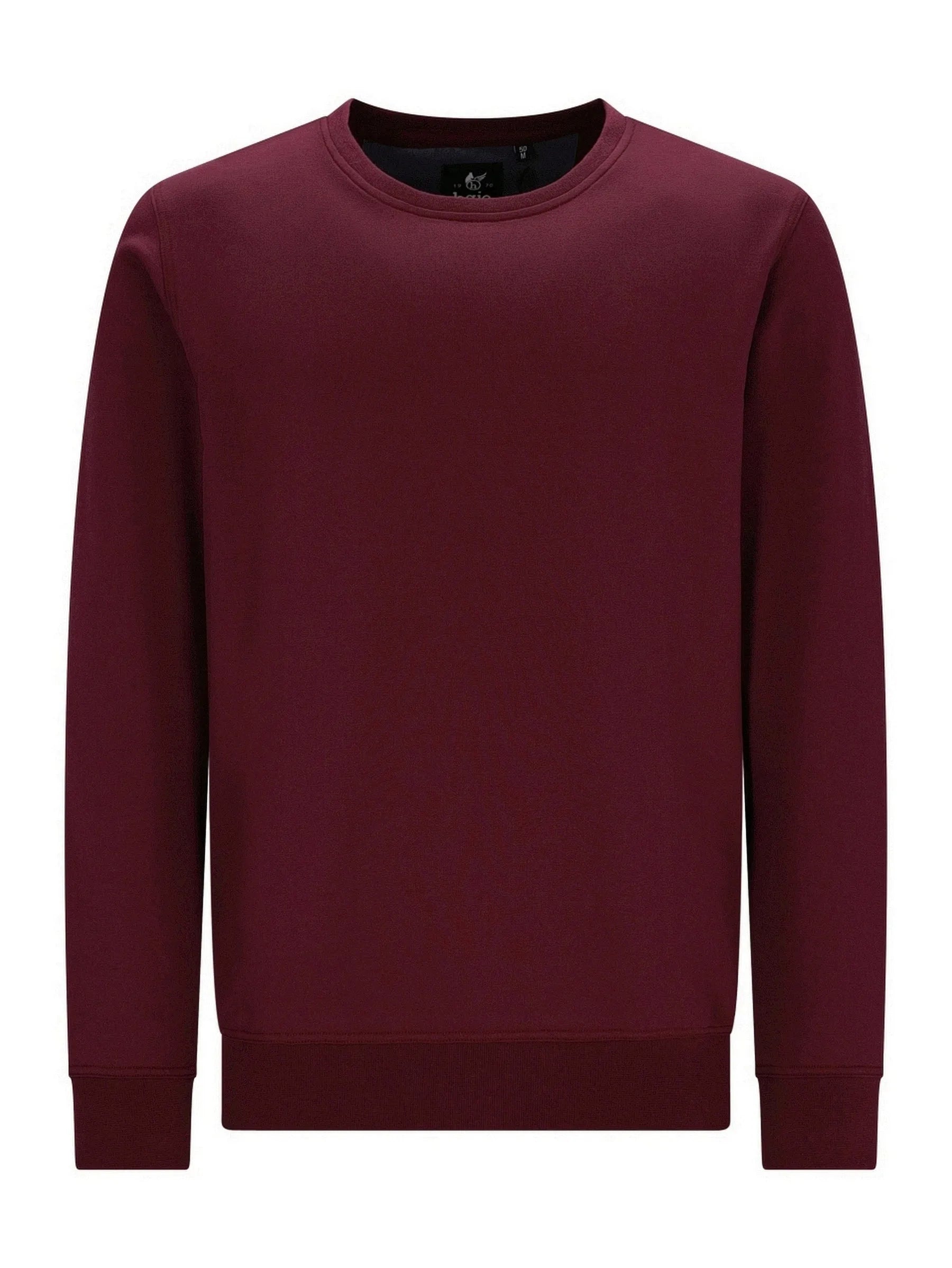 Bordeaux-farbene Rundhals-Sweatshirt mit gerippten Bündchen und Saum, wahrscheinlich aus Baumwolle oder Polyester-Mischung gefertigt.