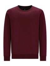 Bordeaux-farbene Rundhals-Sweatshirt mit gerippten Bündchen und Saum, wahrscheinlich aus Baumwolle oder Polyester-Mischung gefertigt.