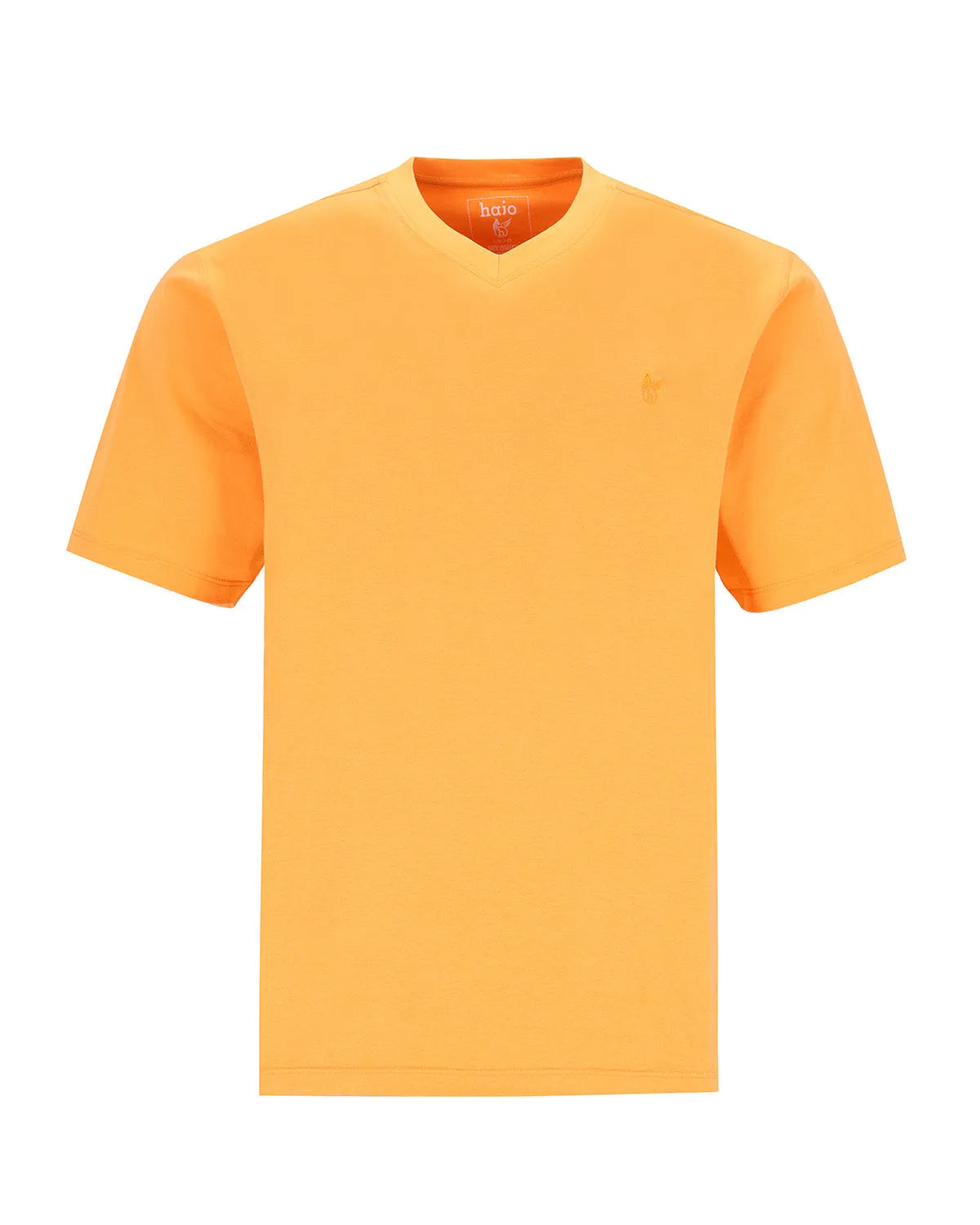 Einfarbig orangefarbenes T-Shirt mit V-Ausschnitt.