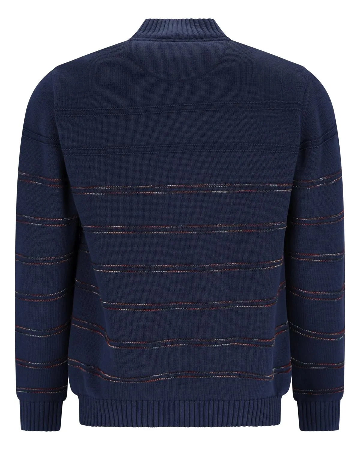 Marineblau gestreifter Pullover mit Rippenbündchen und Kragen, wahrscheinlich aus Baumwolle oder Wolle.