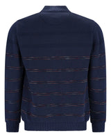 Marineblau gestreifter Pullover mit Rippenbündchen und Kragen, wahrscheinlich aus Baumwolle oder Wolle.