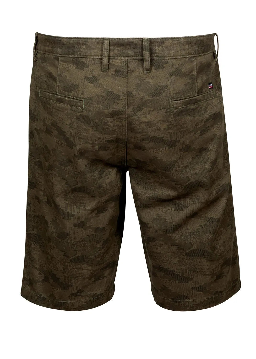 Chino-Shorts mit Camouflage-Muster in Olivgrün und Braun, aus Baumwollmischgewebe.
