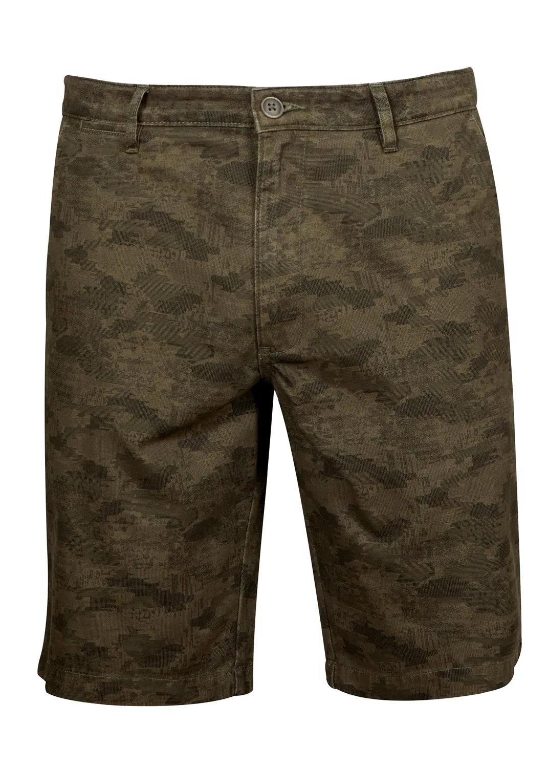 Chino-Shorts in Olivgrün und Braun mit Camouflage-Muster aus Baumwolle.