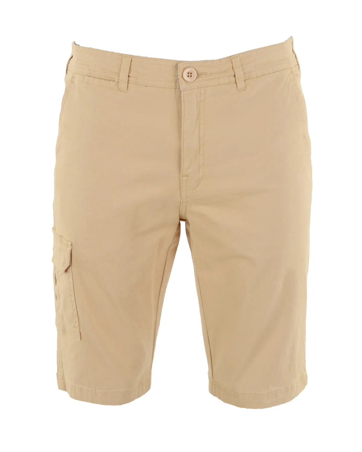 Khakifarbene Cargo-Shorts mit mehreren Taschen und Knopfleiste.