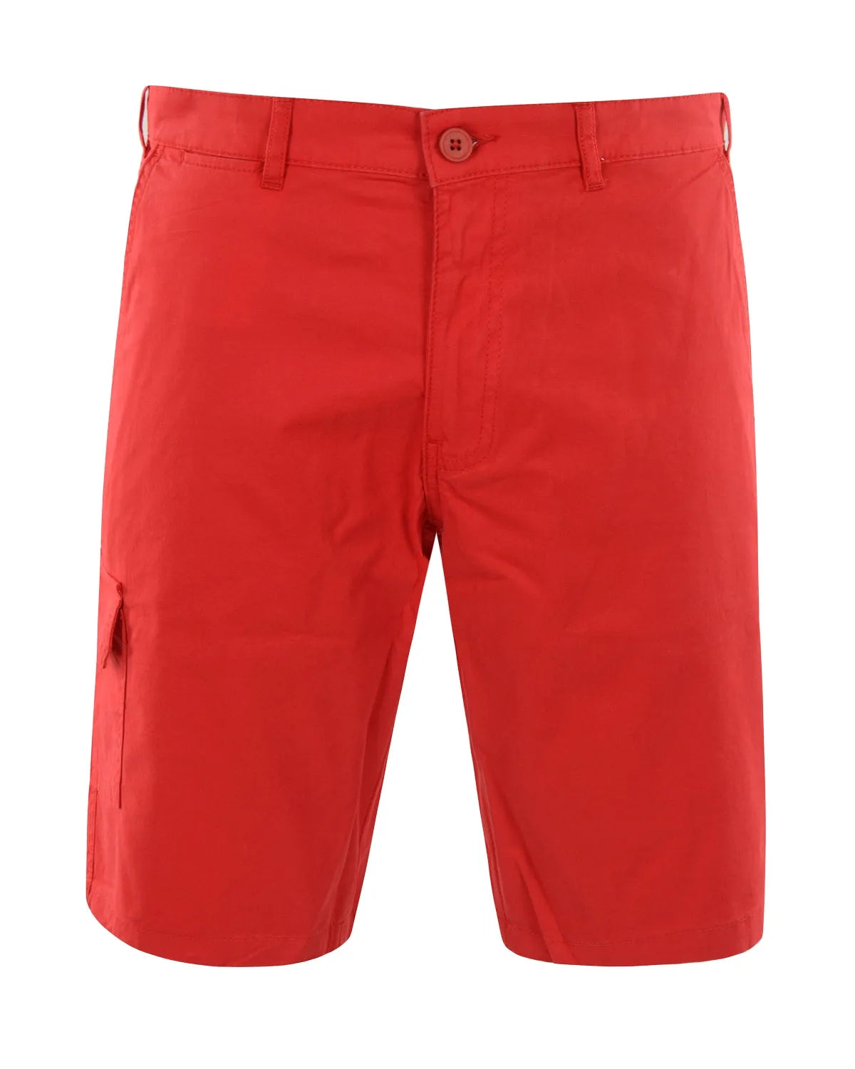 Rote Outdoor-Shorts mit Taschen und Knopfverschluss.