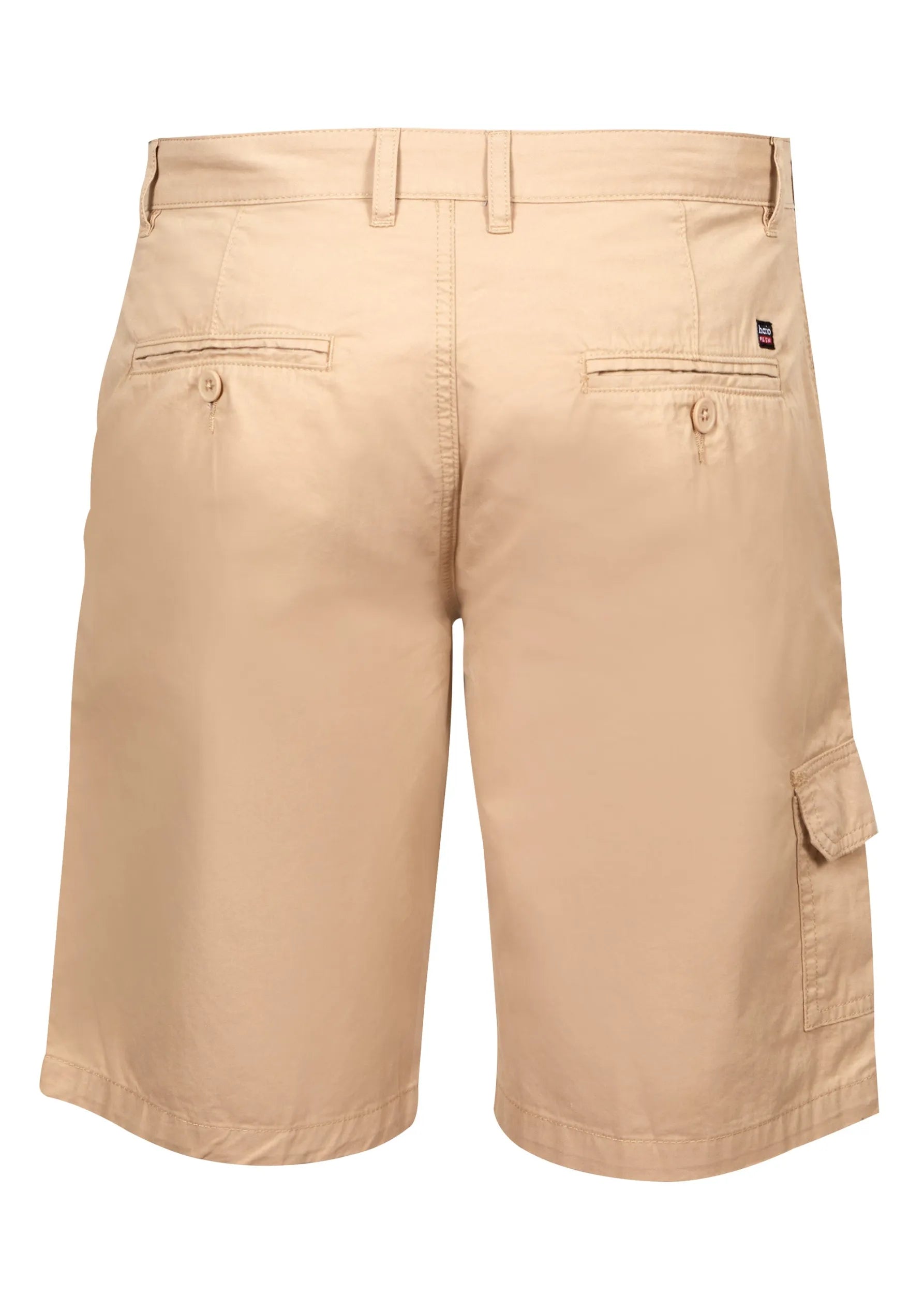 Khakifarbene Cargoshorts mit mehreren Taschen und einer Gürtelschlaufe, wahrscheinlich aus Baumwolle oder einem Polyestergemisch.