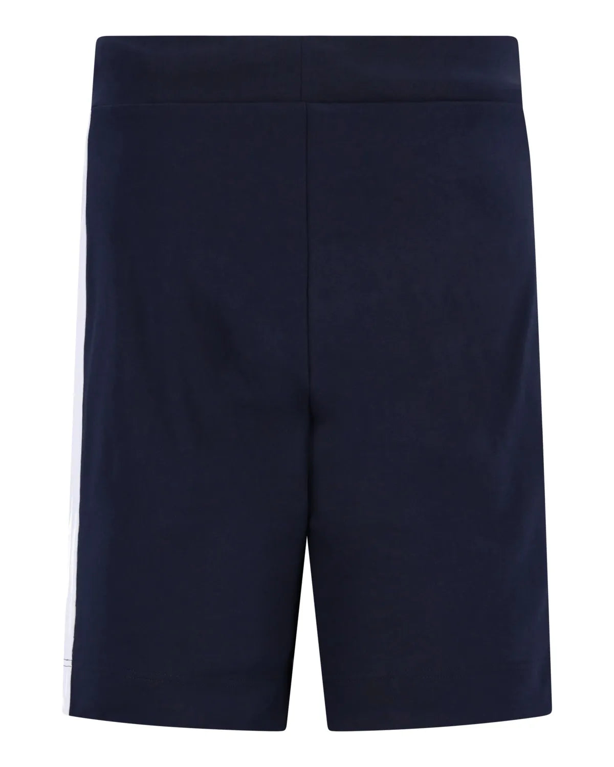 Marineblaue Sportshorts mit weißem Streifen an der Seite, aus dehnbarem Stoff.