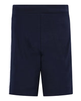 Marineblaue Sportshorts mit weißem Streifen an der Seite, aus dehnbarem Stoff.