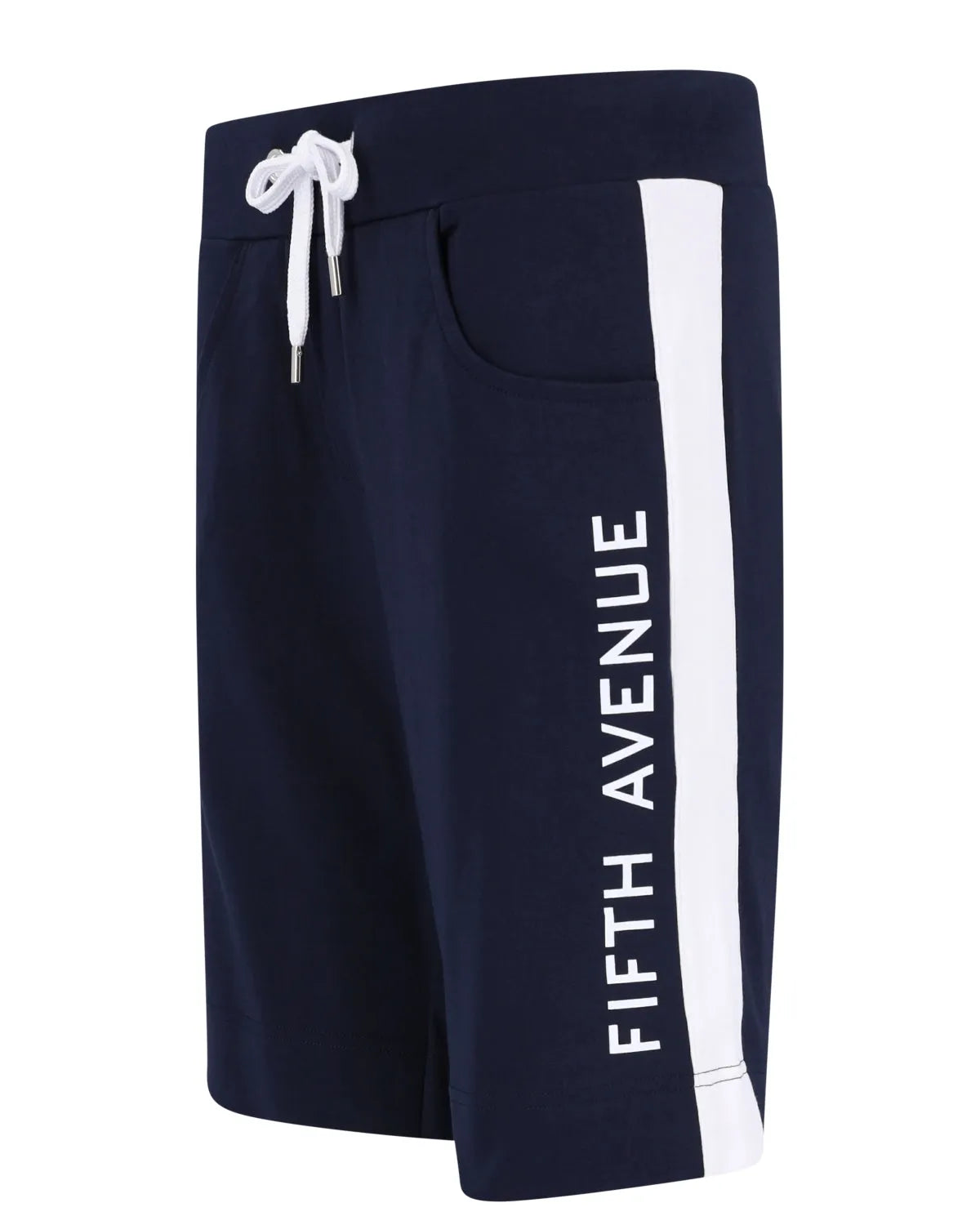 Marineblaue Sportshorts mit weißem Streifen und ’fifth avenue’-Schriftzug, Kordelzug im Bund.