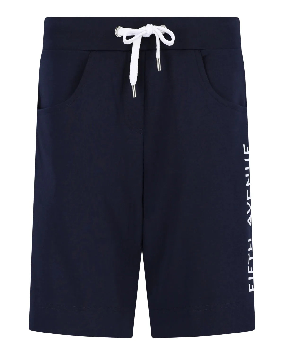 Marineblaue Shorts mit Kordelzug und weißem Textdesign.