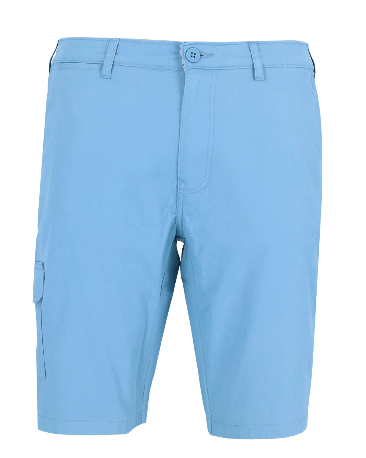 Hellblaue Cargo-Shorts mit mehreren Taschen und Knopfverschluss.
