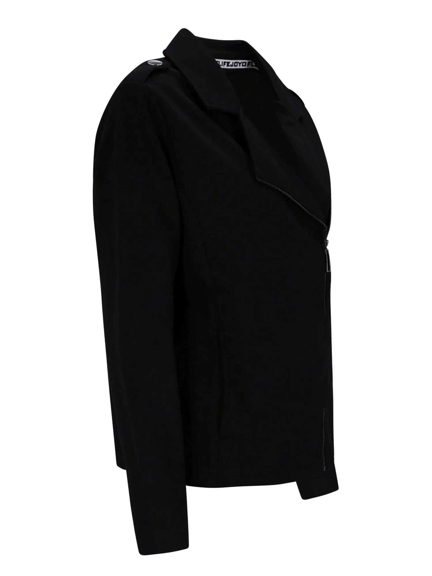 Schwarze asymmetrische Reißverschlussjacke mit hohem Kragen und langen Ärmeln.