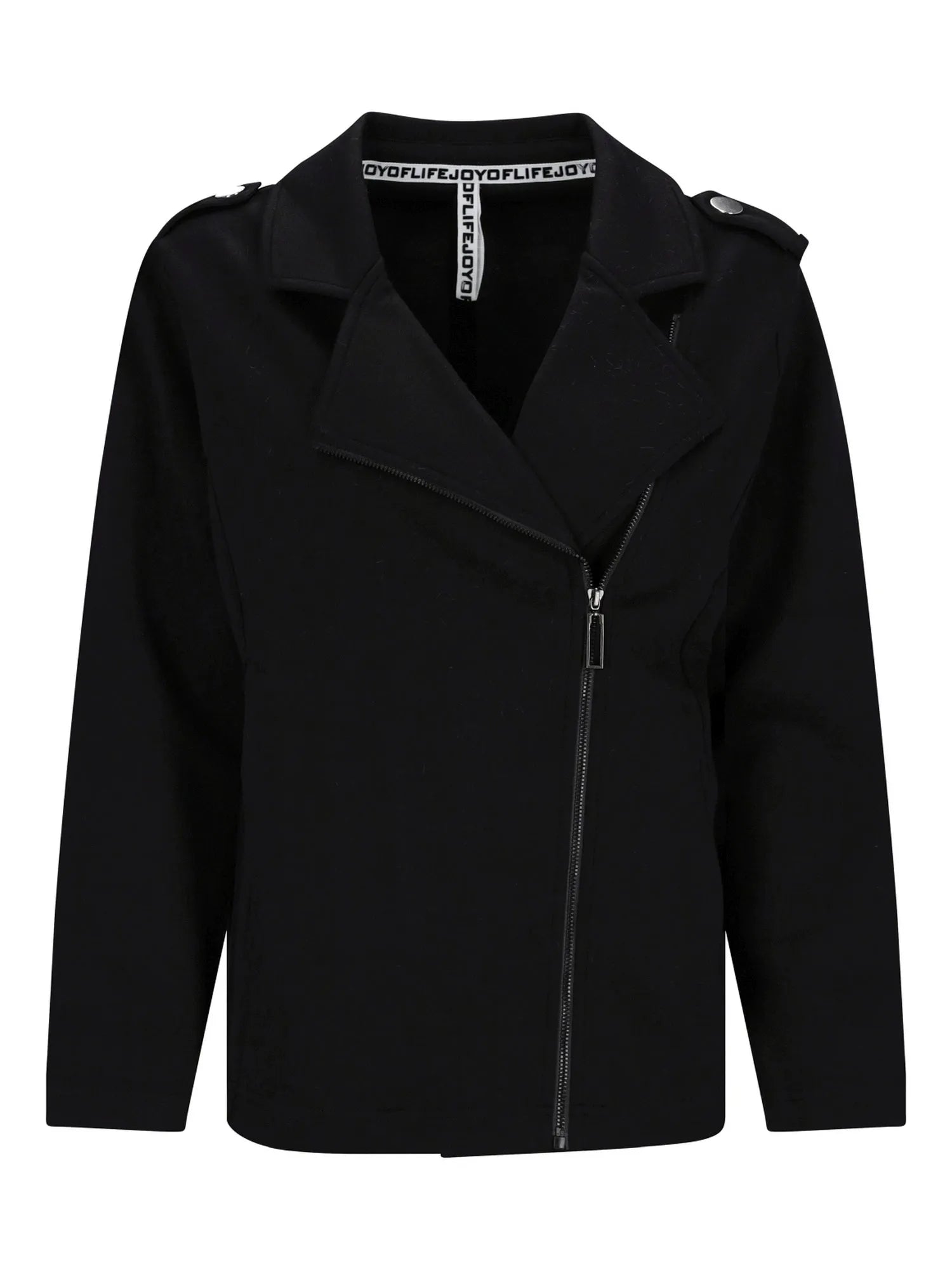 Schwarze Reißverschlussjacke mit Schulterpolstern und Logo auf der Brust.