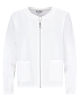 Weiße Jacke mit Reißverschluss, Taschen und Rippbündchen.