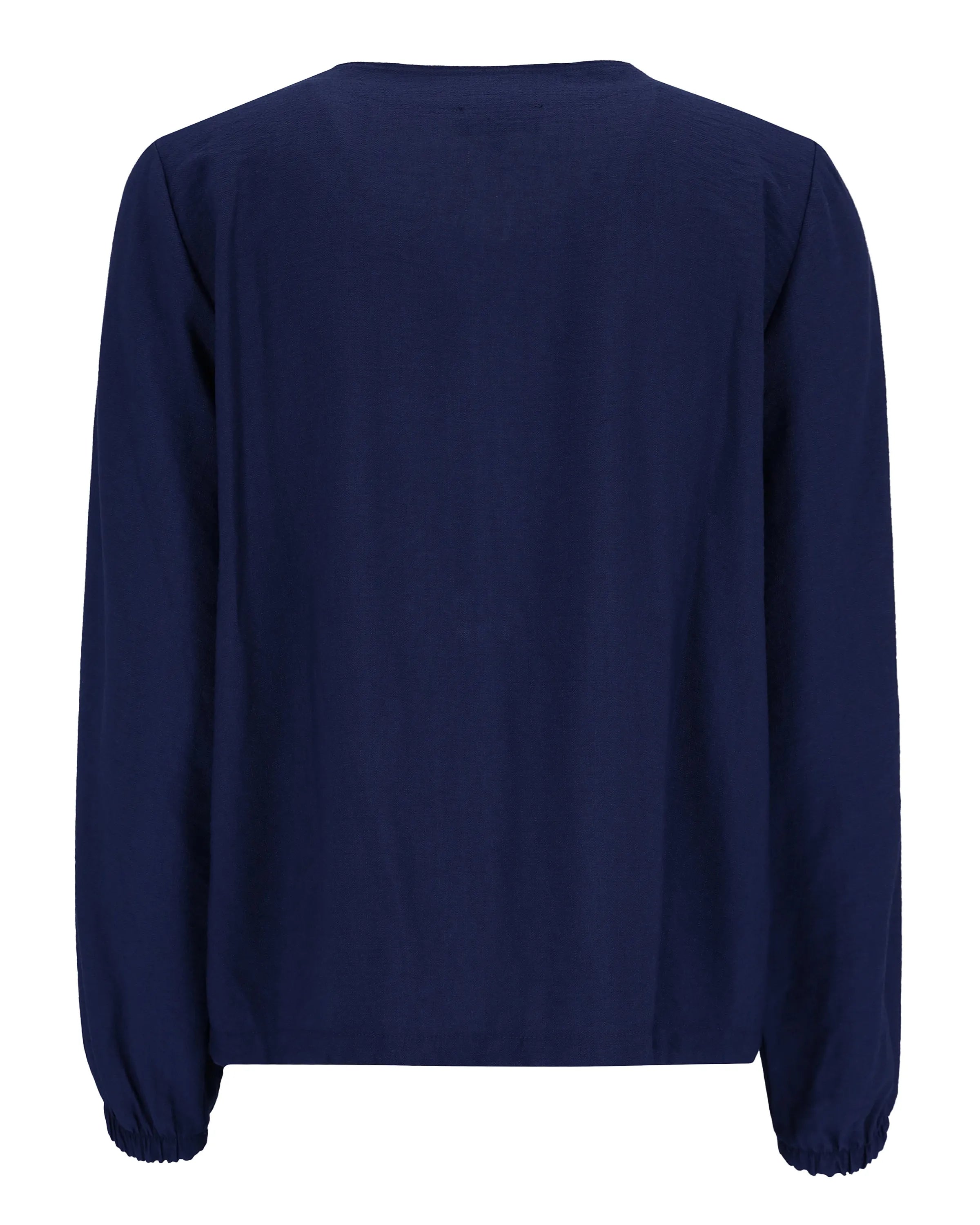 Marineblaue Bluse mit langen Ärmeln und Rundhalsausschnitt.