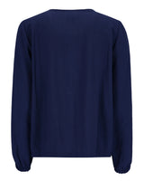 Marineblaue Bluse mit langen Ärmeln und Rundhalsausschnitt.