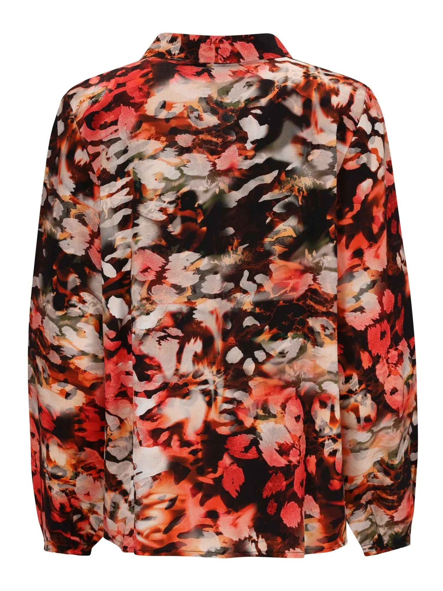 Florale Bluse mit einem lebendigen rot-schwarzen Muster, aus durchsichtigem Stoff gefertigt.