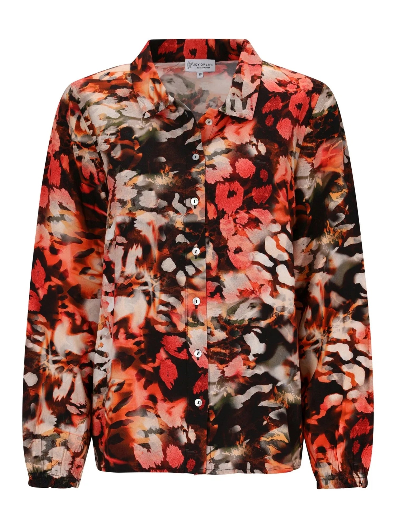 Bluse mit Blumenmuster und Knopfleiste vorne, in Schwarz- und Rottönen, leichter Stoff.