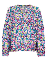 Mehrfarbige Bluse mit Blumendruck, V-Ausschnitt und langen Ärmeln.