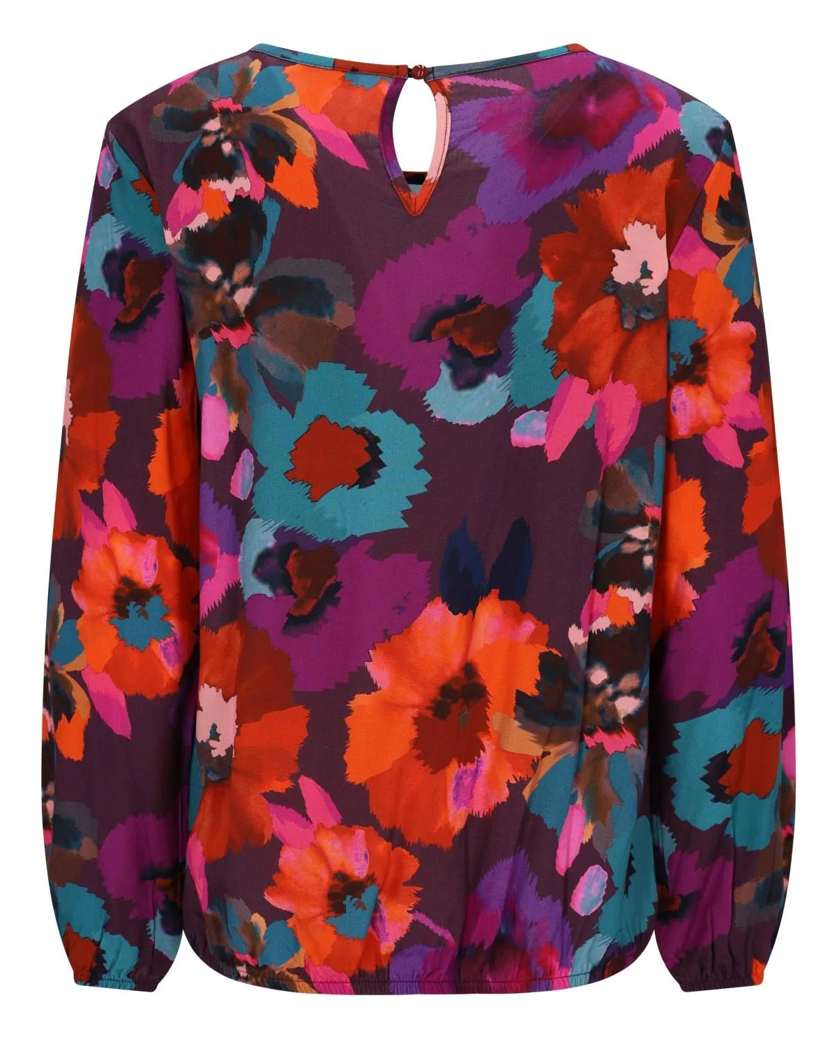 Geblümte Bluse mit langen Ärmeln und Schlüssellochausschnitt in leuchtenden Farben wie Lila, Orange, Blau, Rosa und Rot auf dunklem Grund.