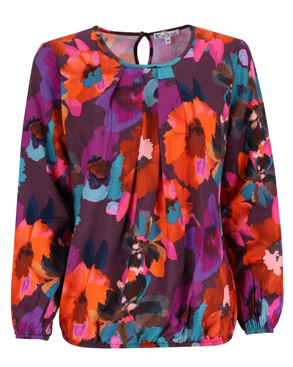 Bluse mit Blumenmuster, langen Ärmeln und Schlüssellochausschnitt.
