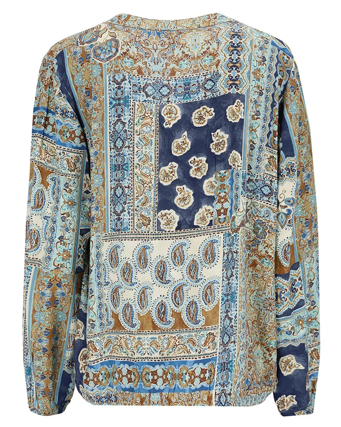 Patchworkbluse mit Paisleymuster in Blau und Beige, aus Baumwolle.