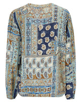 Patchworkbluse mit Paisleymuster in Blau und Beige, aus Baumwolle.
