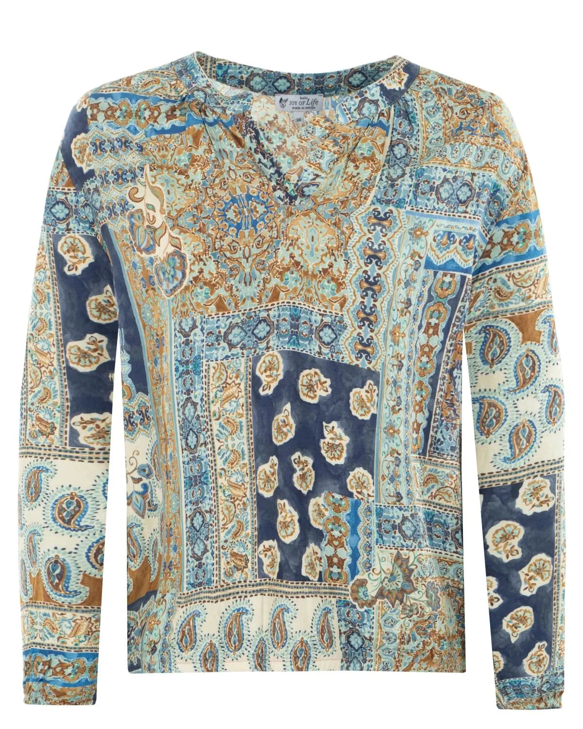 Paisley-Patchwork-Pullover mit blauen und orangefarbenen Akzenten, aus Baumwolle.