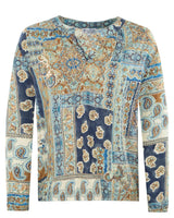 Paisley-Patchwork-Pullover mit blauen und orangefarbenen Akzenten, aus Baumwolle.