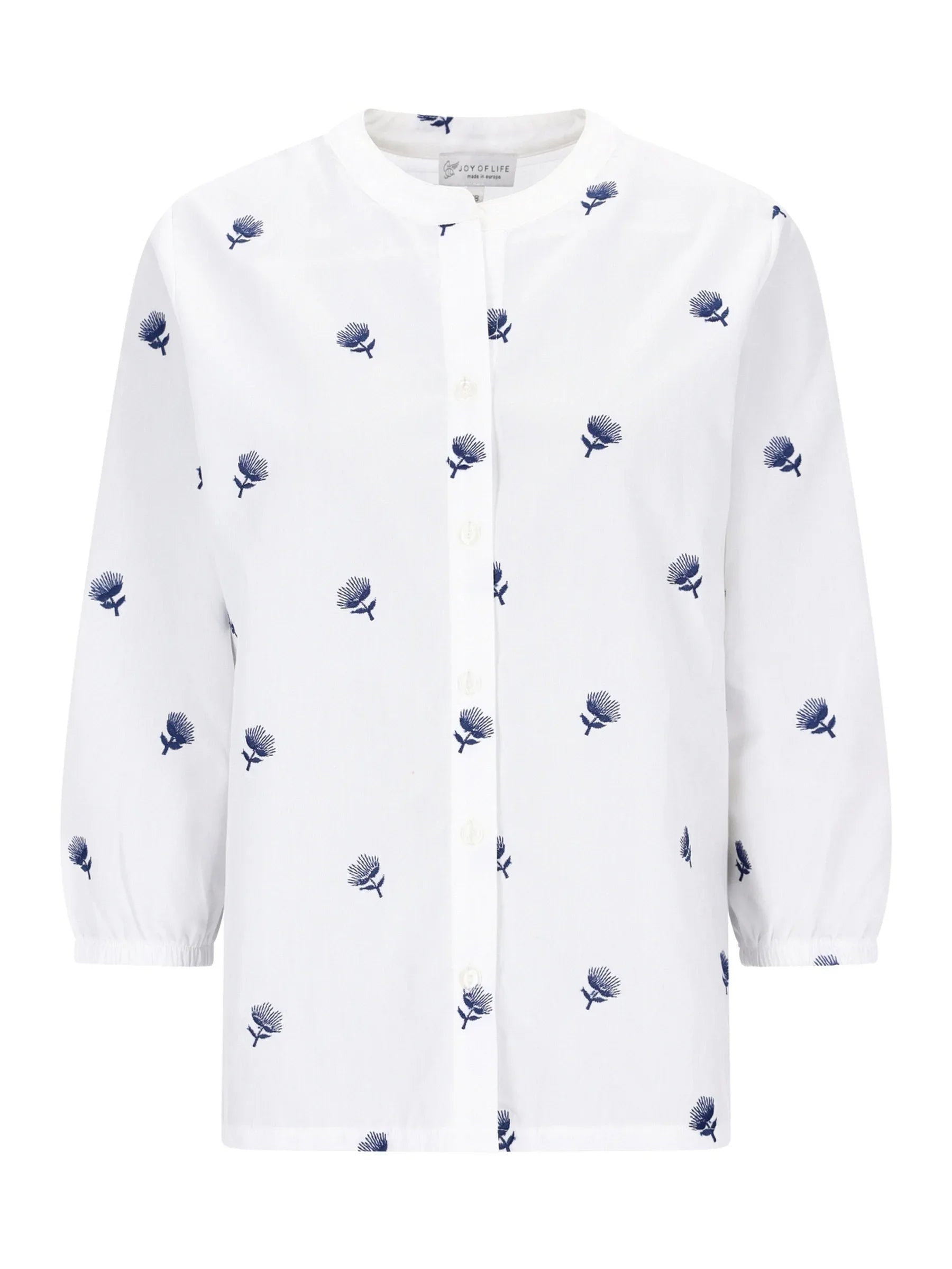 Weiße Bluse mit marineblauen Distelstickereien, Produkt Bluse mit Stickerei