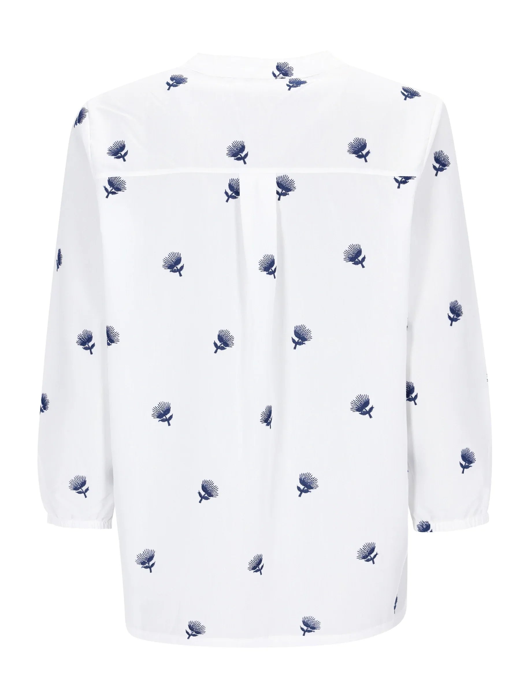 Rückseite der Bluse mit Stickerei: weiß mit marineblauem Distel-Stickerei