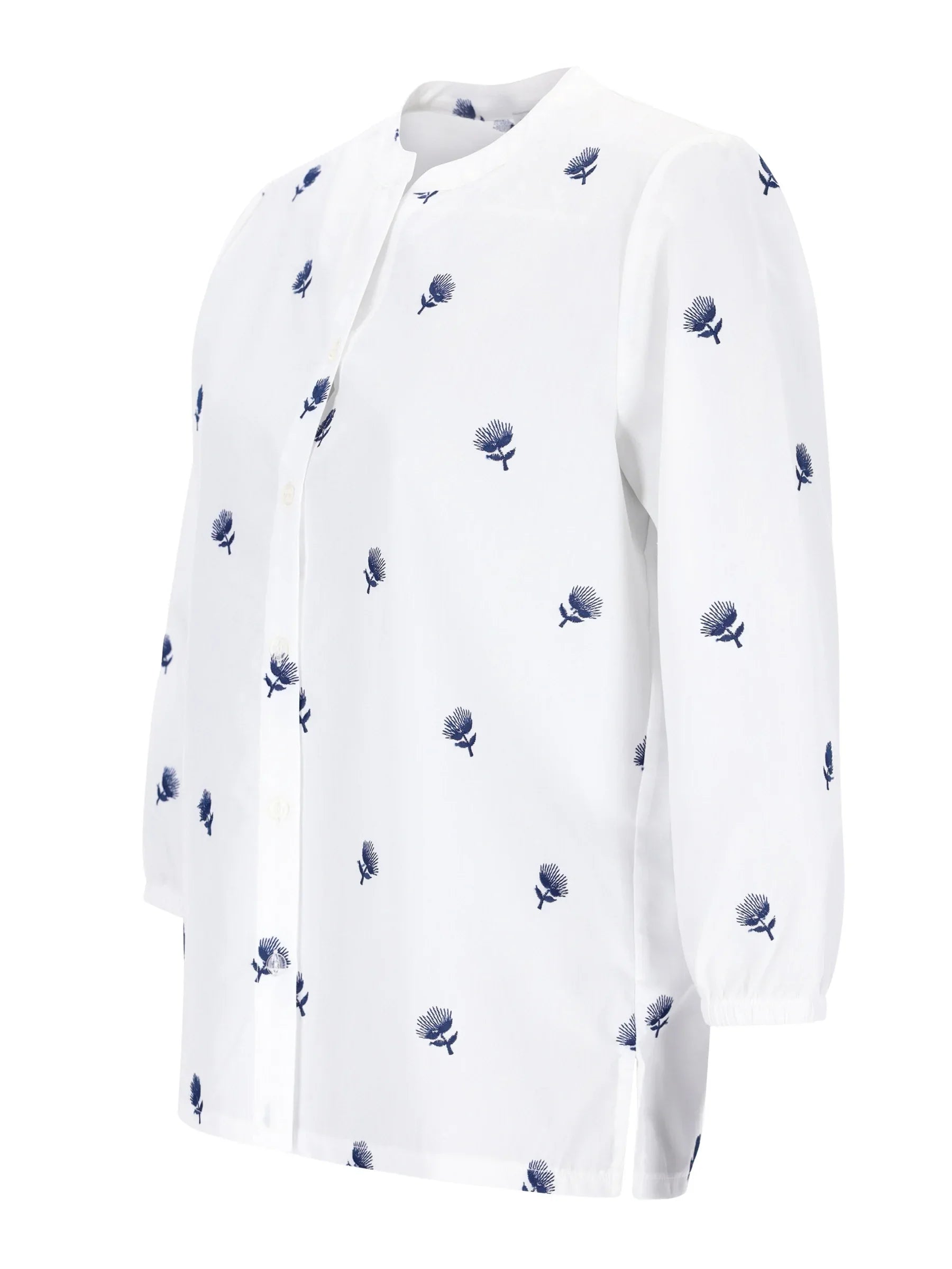 Weiße Bluse mit marineblauer Distelstickerei, Bluse mit Stickerei
