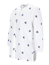 Weiße Bluse mit marineblauer Distelstickerei, Bluse mit Stickerei
