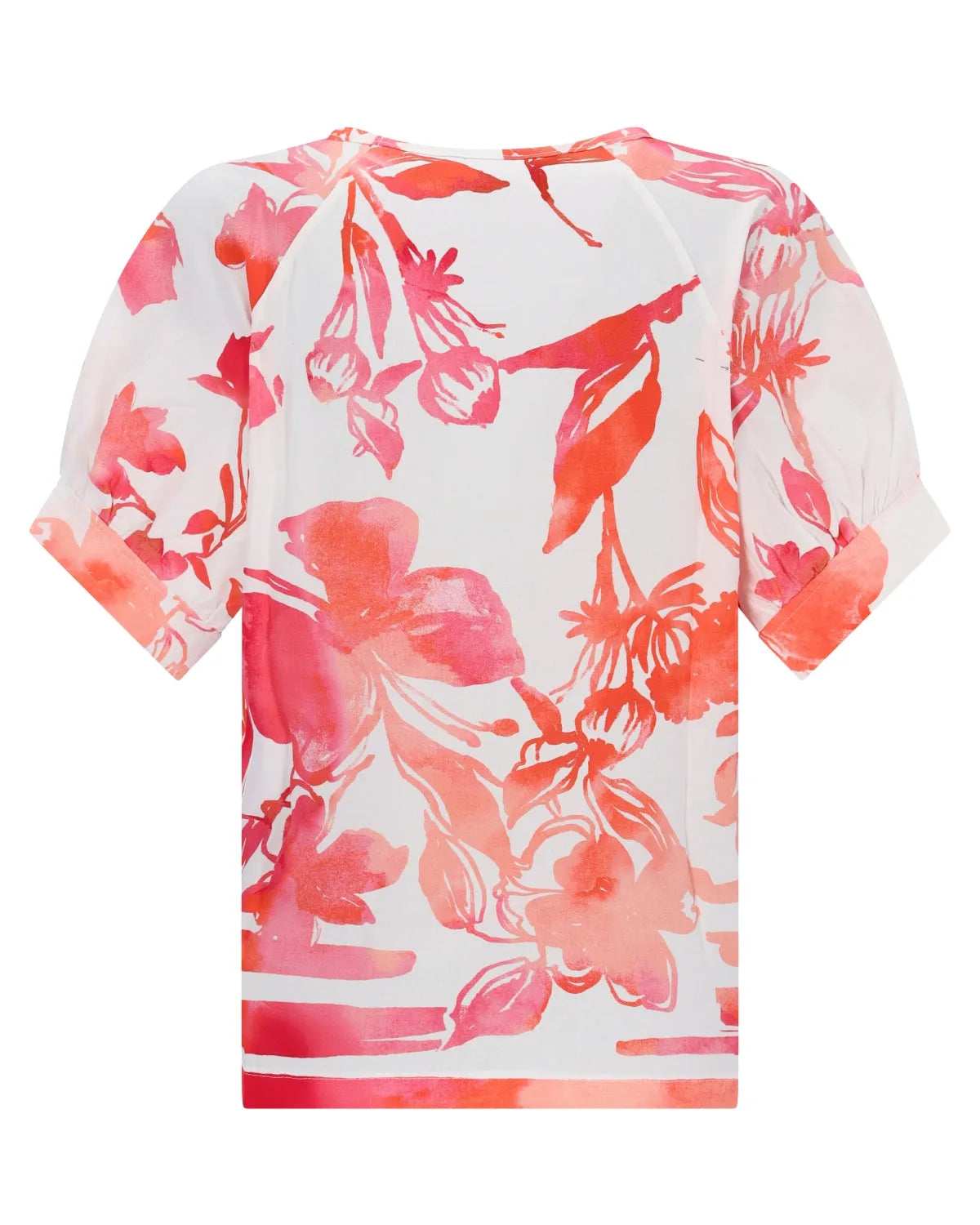 T-Shirt mit Blumendruck in leuchtenden Rosa- und Orangetönen auf weißem Grund, aus weicher Baumwolle.