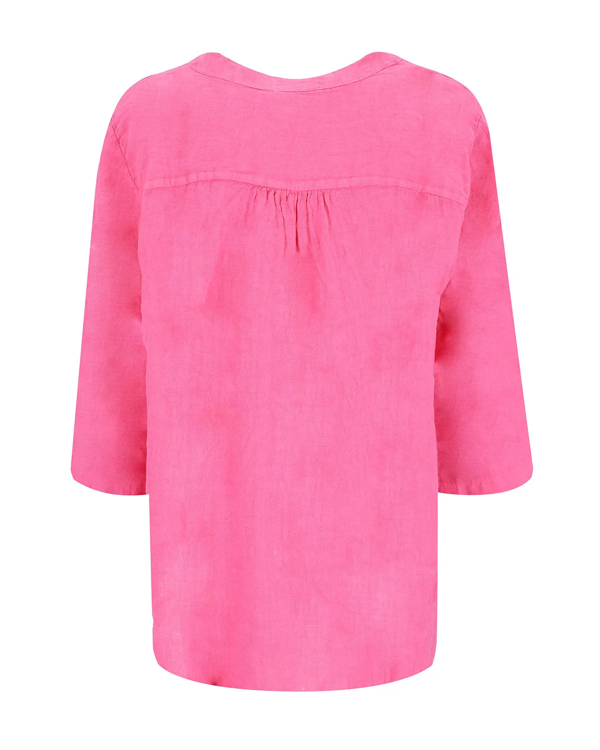 Rosa Bluse mit Dreiviertel-Ärmeln und gerafftem Halsausschnitt.