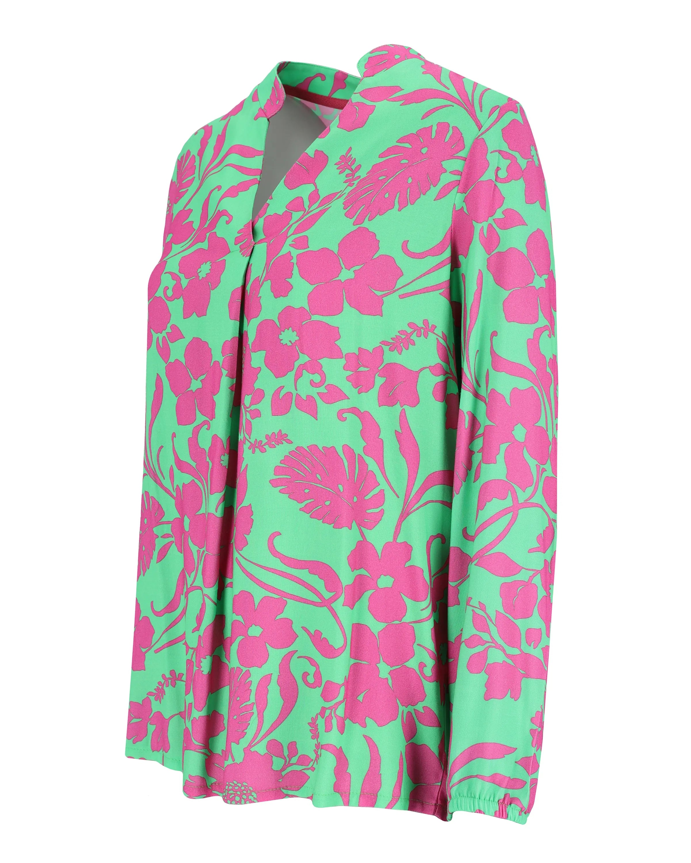 Grüner und rosa geblümter Cardigan-Pullover mit lockerer Passform.