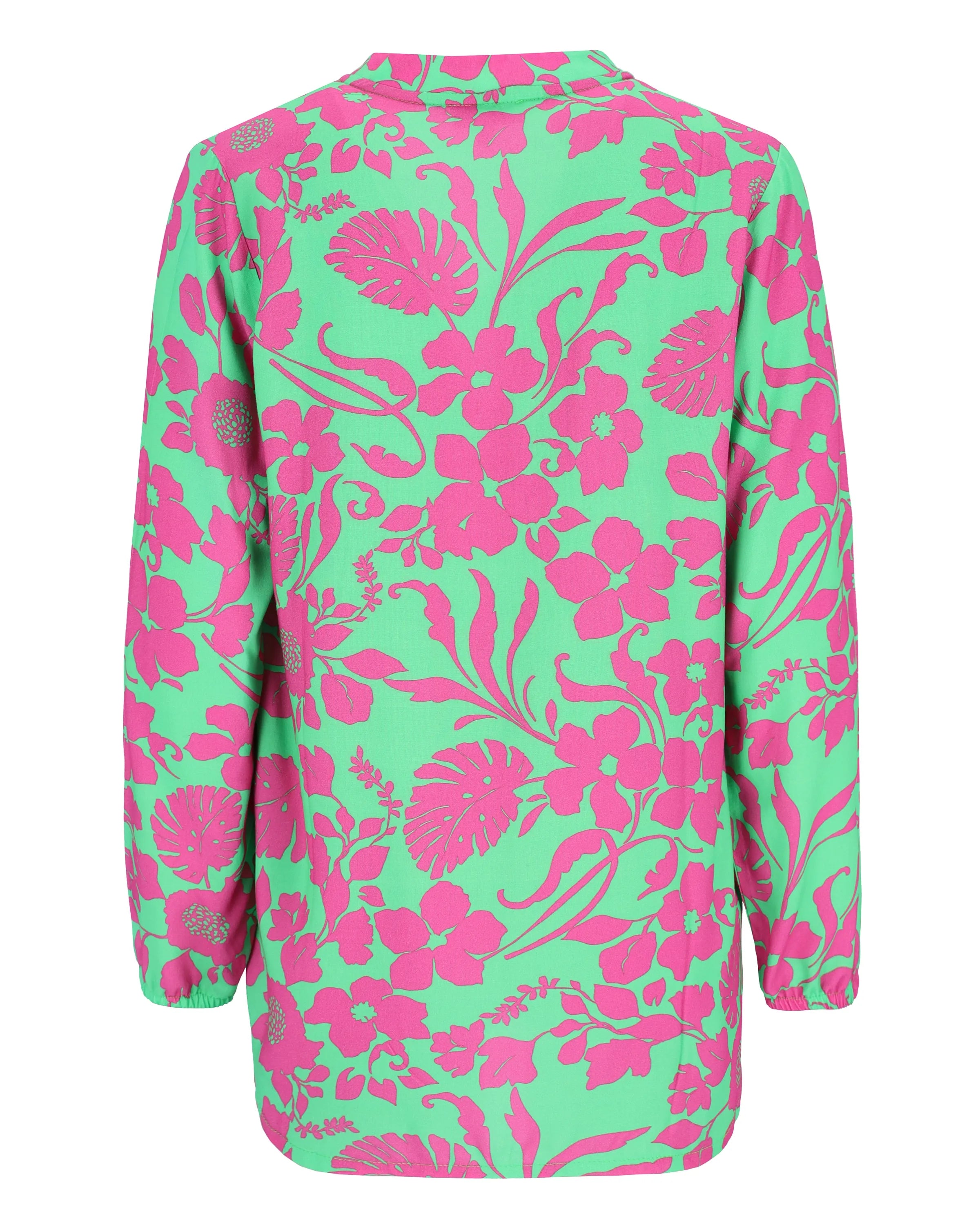 Mintgrüne geblümte Bluse mit rosa Blüten und Blättern, wahrscheinlich aus Seide oder Baumwollmischung.