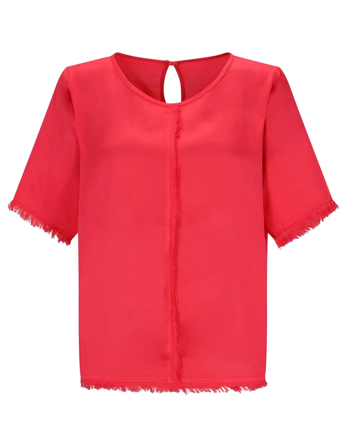 Korallfarbene Bluse mit ausgefransten Rändern und Schlüssellochausschnitt.