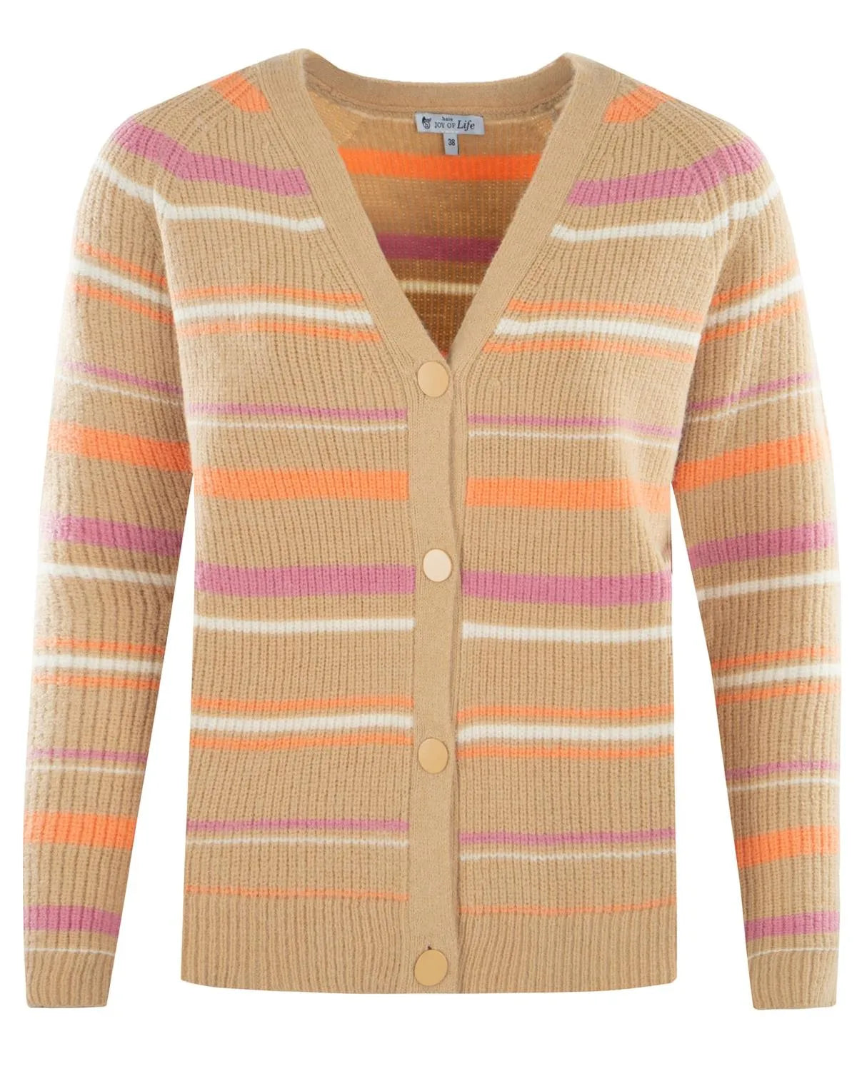 Beige gestreifte Strickjacke mit orangefarbenen und rosa Akzenten, aus weichem Strickmaterial.