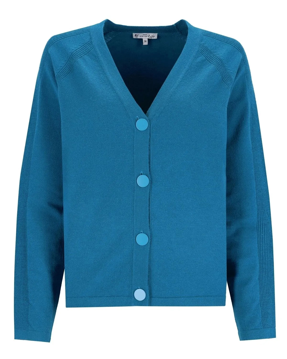 Blaugrüne Strickjacke mit Rippbündchen an Ärmeln und Saum, Knopfverschluss.