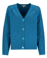 Blaugrüne Strickjacke mit Rippbündchen an Ärmeln und Saum, Knopfverschluss.
