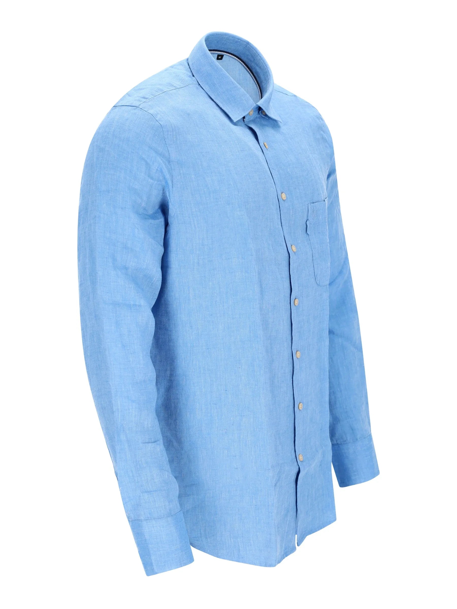 Leichtblaues chambray-hemd aus leinen mit under button-down-kragen und chest pocket von hajo mode