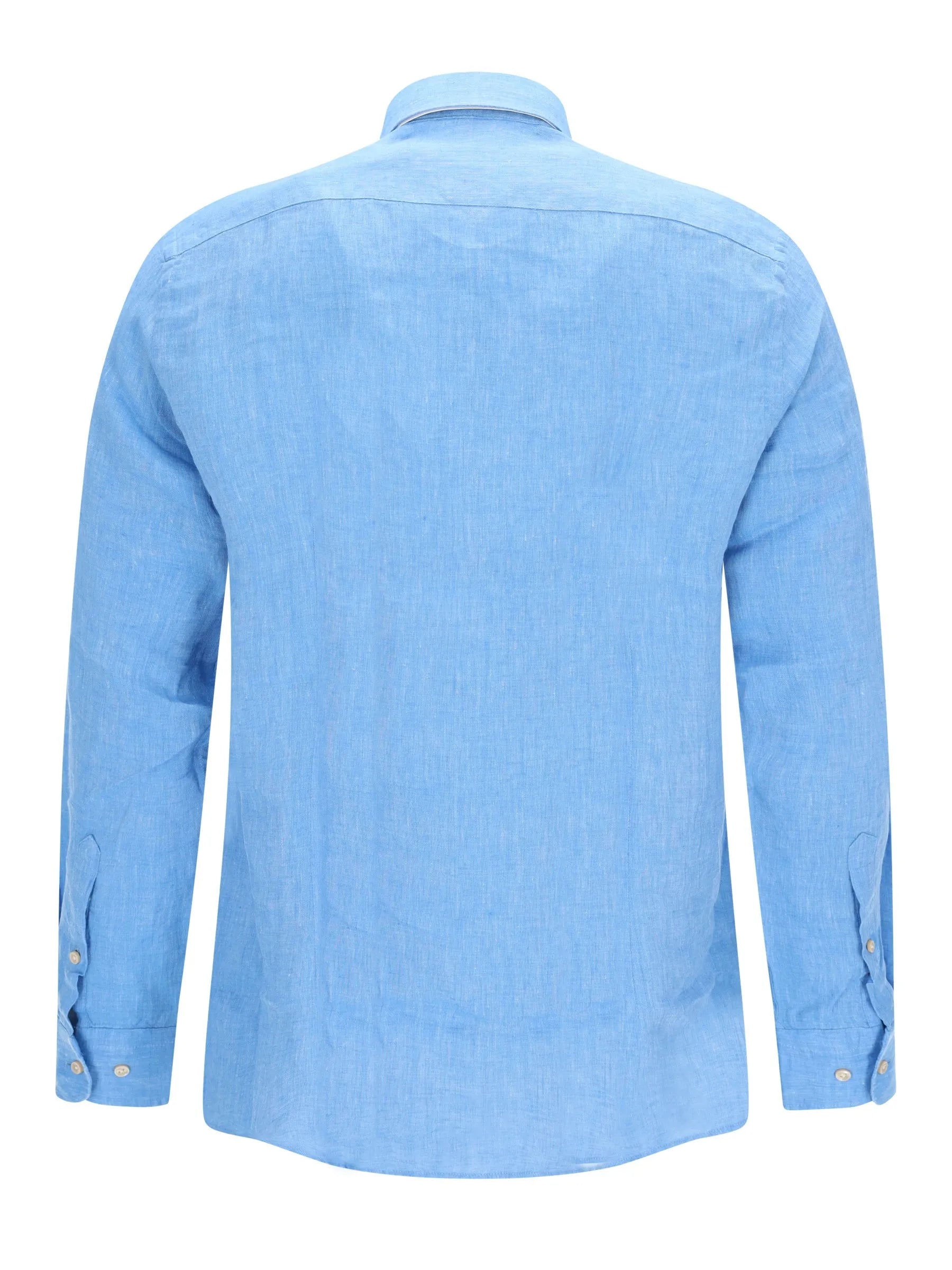 Hellblaues chambray-hemd aus leinen mit unter button-down-kragen und subtiler struktur von hajo mode