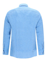 Hellblaues chambray-hemd aus leinen mit unter button-down-kragen und subtiler struktur von hajo mode
