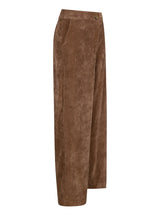 Braune Samtstoff-Weite-Hosen mit Knopfverschluss und Taschen.