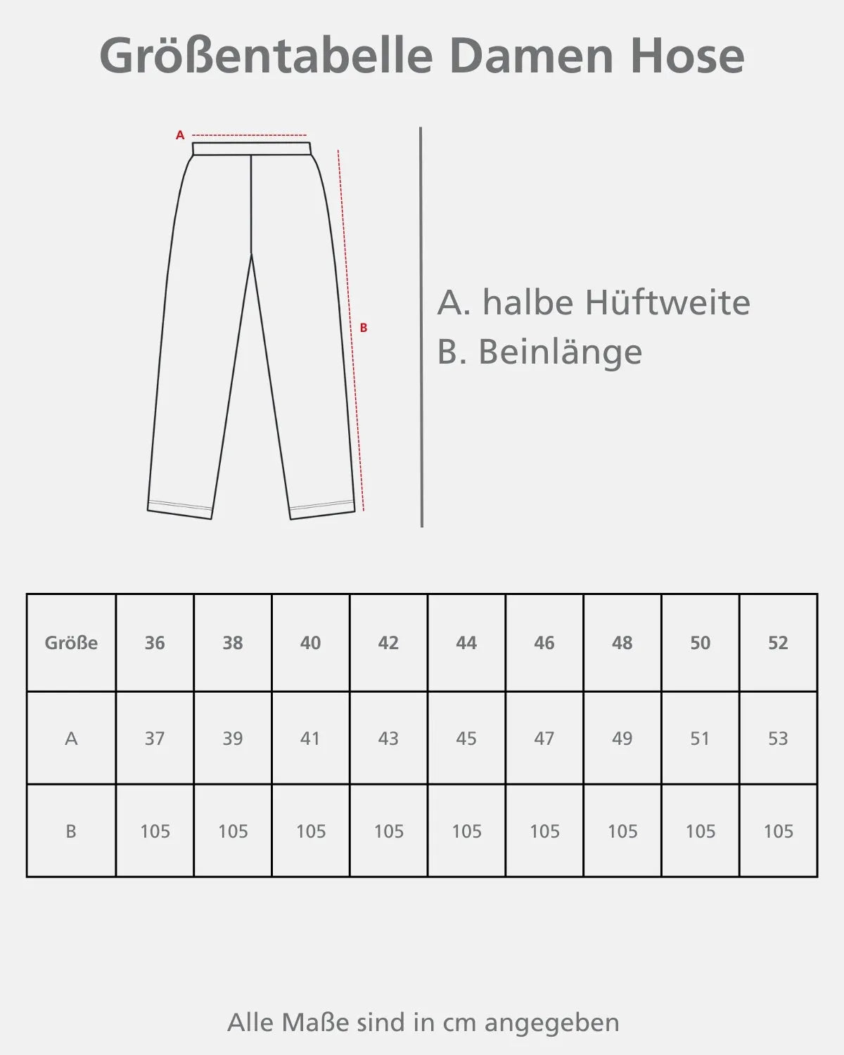 Eine Größentabelle für Damenhosen.